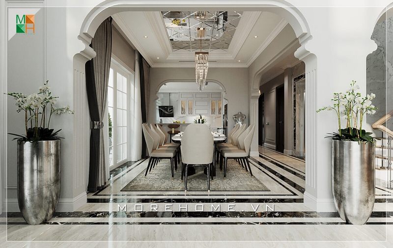Bàn ăn được thiết kế theo phong cách hiện đại, trẻ trung và lịch sự, phù hợp với biệt thự.